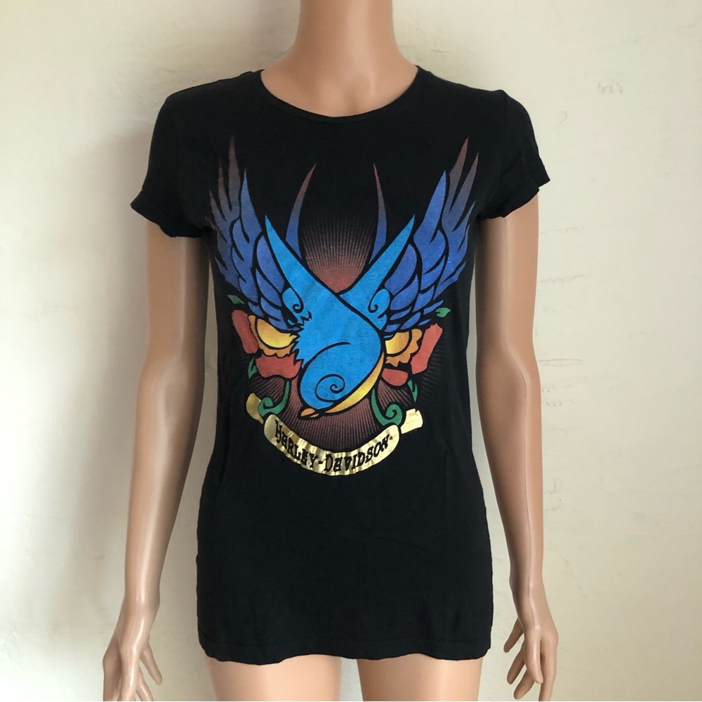 Harley-Davidson Black Logo Print Women’s Size S T-Shirt Short Sleeves Blue Wings